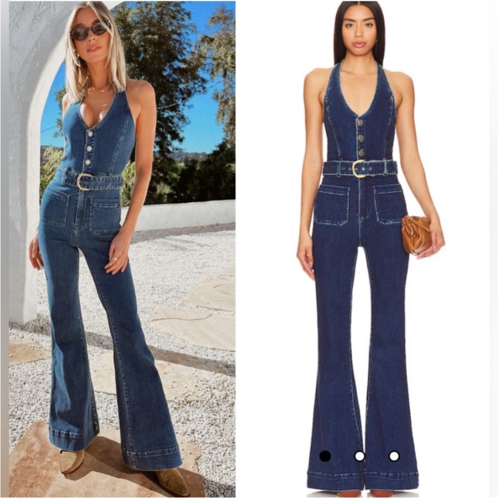 Show Me Your Mumu Dark Blue Denim Halter Jumpsuit with Belt